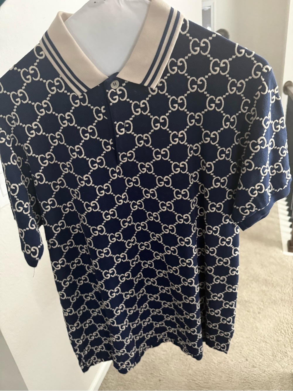 AUTHENTIC Men’s Gucci Navy Polo with Cream Interlocking GG Pattern